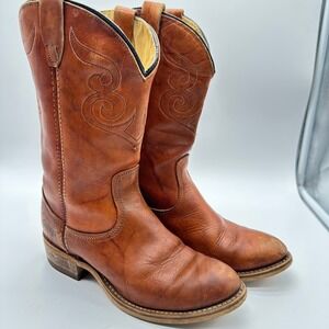 Vintage DINGO Womens Tan Leather Western Embroidered Cowboy Mid Calf Boots 6B
